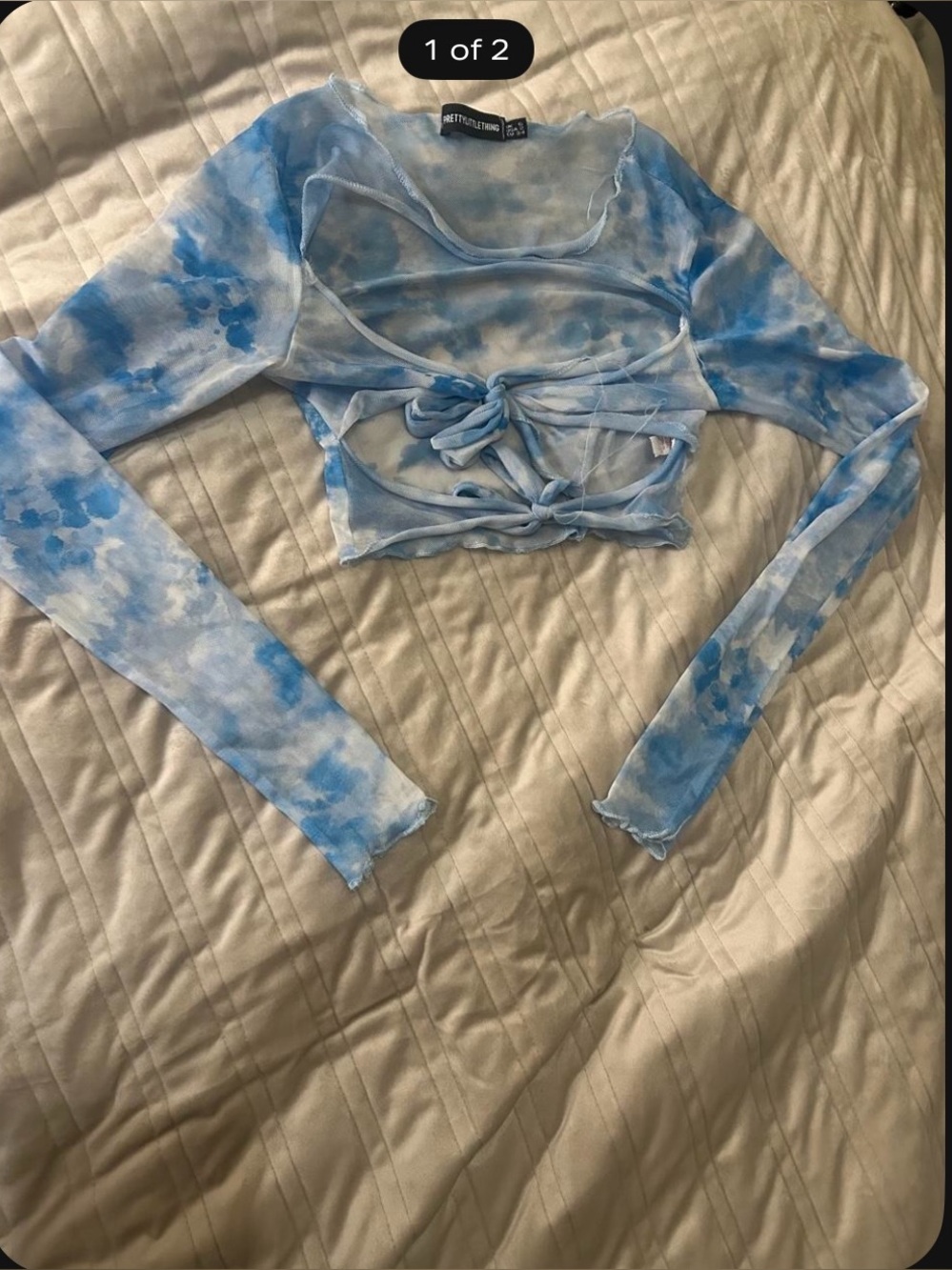 PrettyLittleThing Blue Tie-Front Sheer Long Sleeve Crop Top